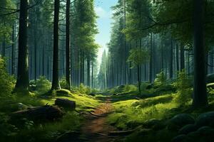 Fantasy forest with old trees and stairs. Fresh green forest with rocks and trees. ai generated  pro photo