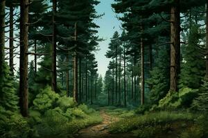 Fantasy forest with old trees and stairs. Fresh green forest with rocks and trees. ai generated  pro photo