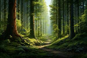 Fantasy forest with old trees and stairs. Fresh green forest with rocks and trees. ai generated  pro photo