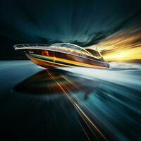 luxury yacht in the sea on a dark background, Speedboat on the water with motion blur effect, extreme sport. ai generated pro photo