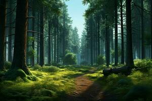 Fantasy forest with old trees and stairs. Fresh green forest with rocks and trees. ai generated  pro photo