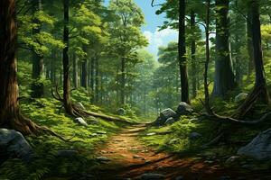 Fantasy forest with old trees and stairs. Fresh green forest with rocks and trees. ai generated  pro photo