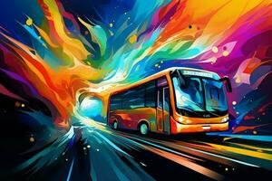 Bus on the road at night with motion blur effect, abstract background. ai generated pro photo