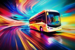 autobús en el la carretera a noche con movimiento difuminar efecto, resumen antecedentes. ai generado Pro foto