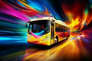 Bus on the road at night with motion blur effect, abstract background. ai generated pro photo