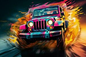 Off-road vehicle in splashes of color. ai generated pro photo