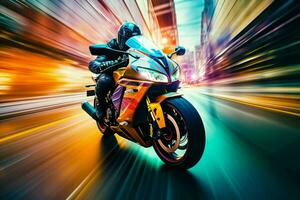 Motorcycle rider on sport bike. Extreme sport concept. 3D Rendering. ai generated pro photo