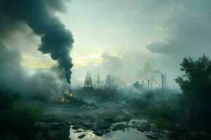 Industrial smoke rising from the chimneys of an oil refinery. Pollution of the environment. Global warming concept. ai generated  pro photo