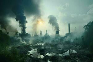 industrial fumar creciente desde el chimeneas de un petróleo refinería. contaminación de el ambiente. global calentamiento concepto. ai generado Pro foto