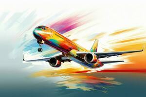 Airplane in flight with colorful abstract background. ai generated  pro photo