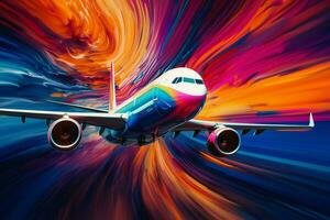 Airplane in flight with colorful abstract background. ai generated  pro photo