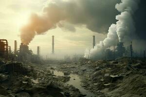 Industrial smoke rising from the chimneys of an oil refinery. Pollution of the environment. Global warming concept. ai generated  pro photo