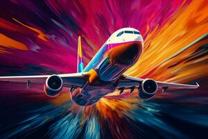 Airplane in flight with colorful abstract background. ai generated  pro photo