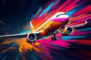 Airplane in flight with colorful abstract background. ai generated  pro photo