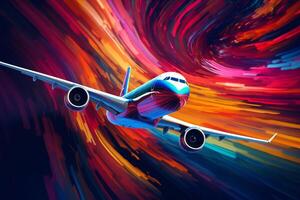 Airplane in flight with colorful abstract background. ai generated  pro photo