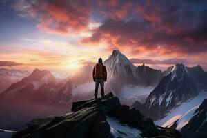 Hiker on the top of the mountain at sunset. Travel and adventure concept. ai generated pro photo