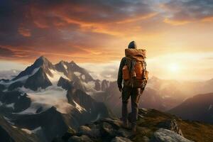 Hiker on the top of the mountain at sunset. Travel and adventure concept. ai generated pro photo