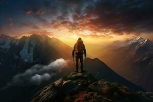 Hiker on the top of the mountain at sunset. Travel and adventure concept. ai generated pro photo