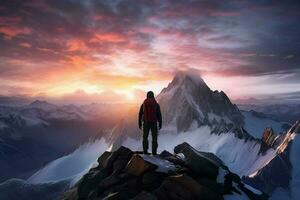 caminante en el parte superior de el montaña a puesta de sol. viaje y aventuras concepto. ai generado Pro foto