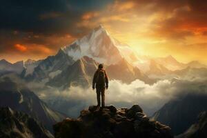 Hiker on the top of the mountain at sunset. Travel and adventure concept. ai generated pro photo