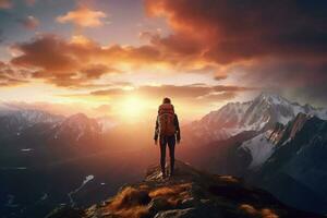 Hiker on the top of the mountain at sunset. Travel and adventure concept. ai generated pro photo