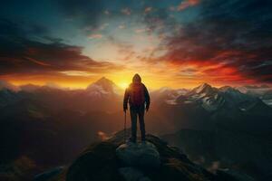 Hiker on the top of the mountain at sunset. Travel and adventure concept. ai generated pro photo