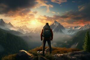 Hiker on the top of the mountain at sunset. Travel and adventure concept. ai generated pro photo