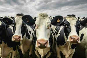 rebaño de negro y blanco vacas en un fila en un granja. manada de vacas en un prado en un soleado día. ai generado Pro foto