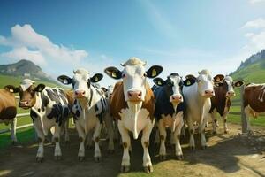 Flock of black and white cows in a row on a farm. Herd of cows in a meadow on a sunny day. ai generated pro photo