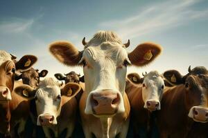 Flock of black and white cows in a row on a farm. Herd of cows in a meadow on a sunny day. ai generated pro photo