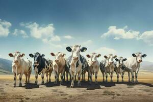 Flock of black and white cows in a row on a farm. Herd of cows in a meadow on a sunny day. ai generated pro photo