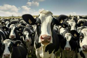 rebaño de negro y blanco vacas en un fila en un granja. manada de vacas en un prado en un soleado día. ai generado Pro foto