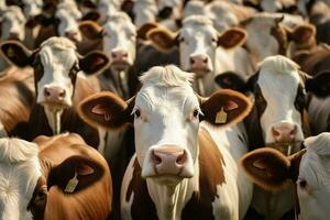 rebaño de negro y blanco vacas en un fila en un granja. manada de vacas en un prado en un soleado día. ai generado Pro foto