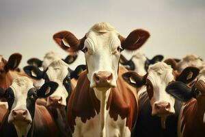 Flock of black and white cows in a row on a farm. Herd of cows in a meadow on a sunny day. ai generated pro photo