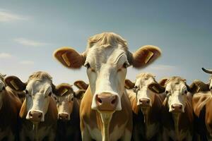 Flock of black and white cows in a row on a farm. Herd of cows in a meadow on a sunny day. ai generated pro photo