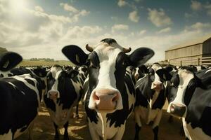 Flock of black and white cows in a row on a farm. Herd of cows in a meadow on a sunny day. ai generated pro photo