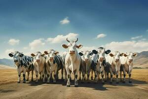 rebaño de negro y blanco vacas en un fila en un granja. manada de vacas en un prado en un soleado día. ai generado Pro foto