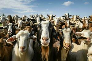 Flock of white goats on a farm. herd of goats on a farm in the summer. selective focus. ai generated pro photo