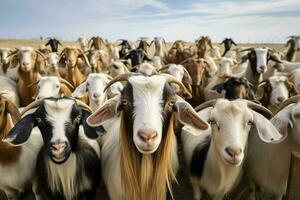 Flock of white goats on a farm. herd of goats on a farm in the summer. selective focus. ai generated pro photo