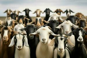 Flock of white goats on a farm. herd of goats on a farm in the summer. selective focus. ai generated pro photo