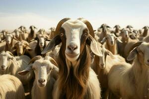 Flock of white goats on a farm. herd of goats on a farm in the summer. selective focus. ai generated pro photo