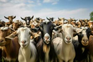 Flock of white goats on a farm. herd of goats on a farm in the summer. selective focus. ai generated pro photo