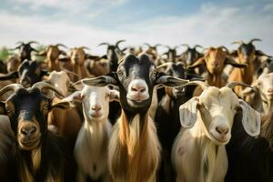 Flock of white goats on a farm. herd of goats on a farm in the summer. selective focus. ai generated pro photo