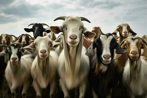 Flock of white goats on a farm. herd of goats on a farm in the summer. selective focus. ai generated pro photo