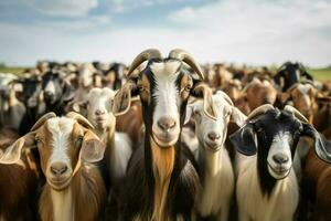 Flock of white goats on a farm. herd of goats on a farm in the summer. selective focus. ai generated pro photo