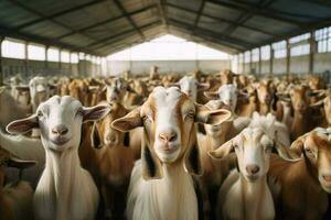 Flock of white goats on a farm. herd of goats on a farm in the summer. selective focus. ai generated pro photo