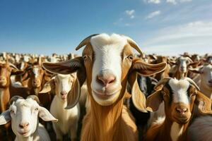 Flock of white goats on a farm. herd of goats on a farm in the summer. selective focus. ai generated pro photo