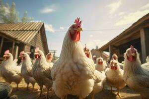 chickens on traditional free range poultry farm. Chickens on the farm. Selective focus. nature. ai generated pro photo