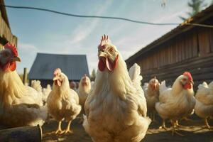 pollos en tradicional gratis rango aves de corral granja. pollos en el granja. selectivo enfocar. naturaleza. ai generado Pro foto