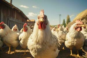 chickens on traditional free range poultry farm. Chickens on the farm. Selective focus. nature. ai generated pro photo